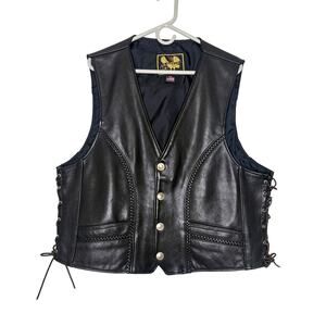 US Made Co. Leather Motorcycle Vest XXL Pockets Nickel Buttons Adj Side Vents